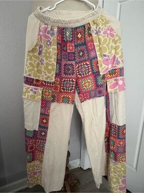 Patchwork Wide-Leg Pants in Cream with Multicolor Panels
